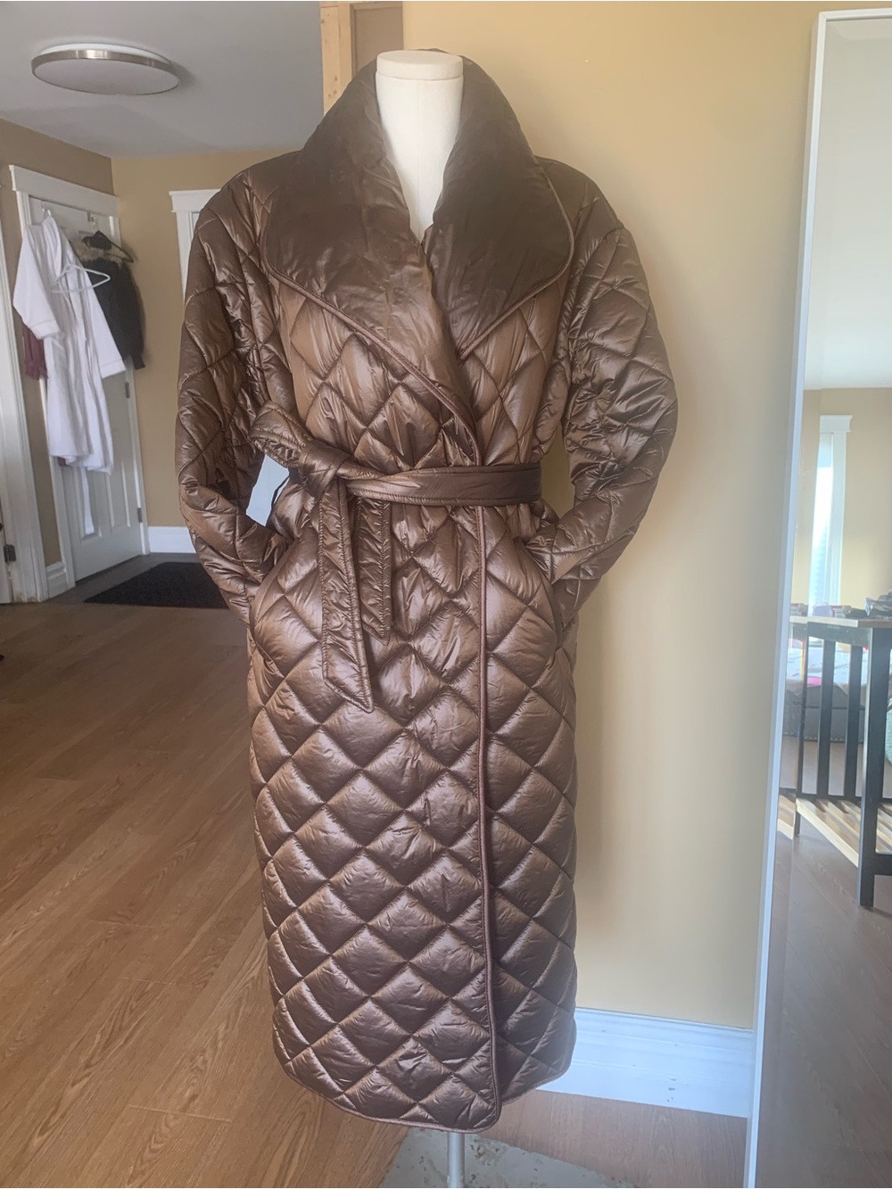 cleo Quilted Brown Long Puffer Robe with Belt